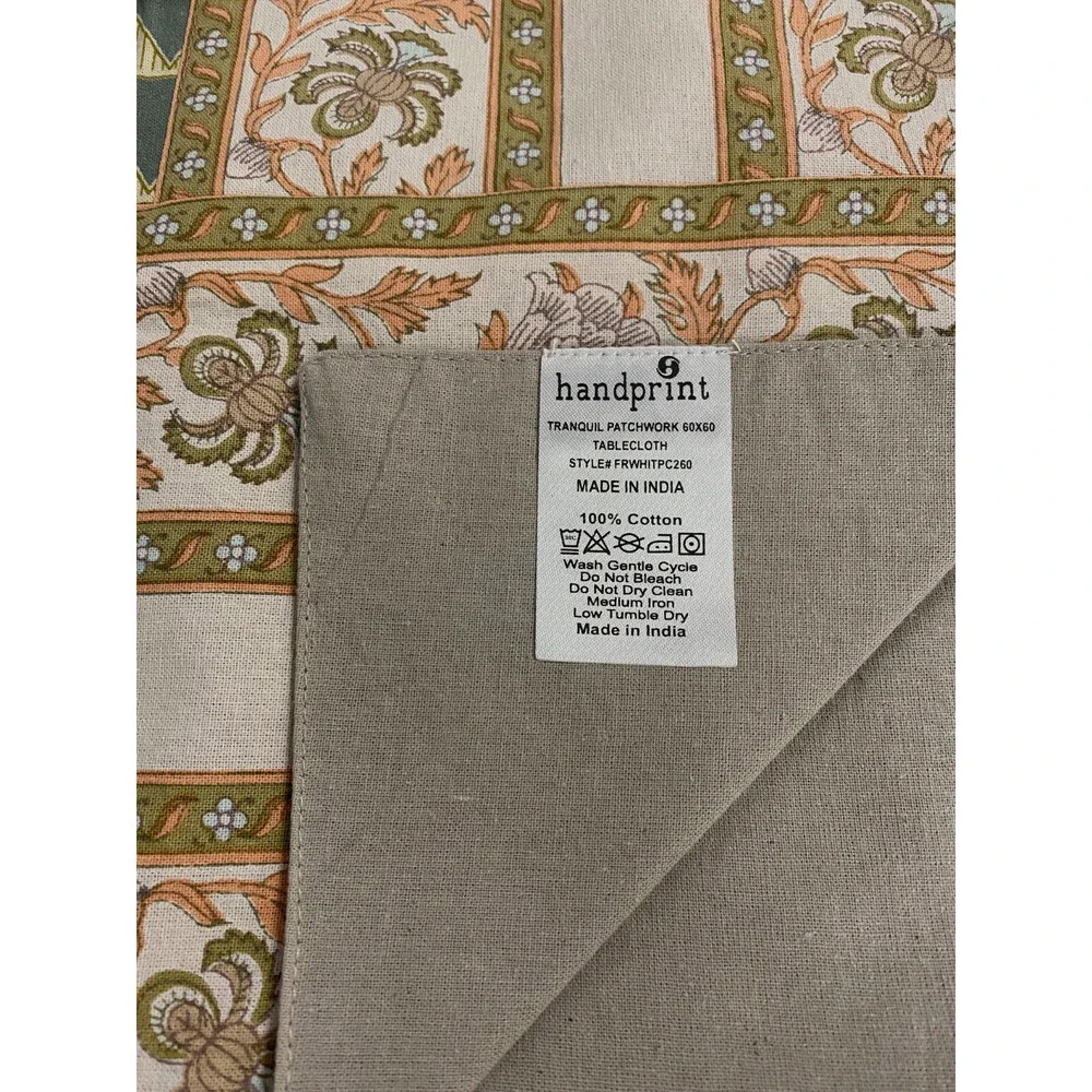 $195 Handprint Beige Tranquil Patchwork Tablecloth 60 x 60